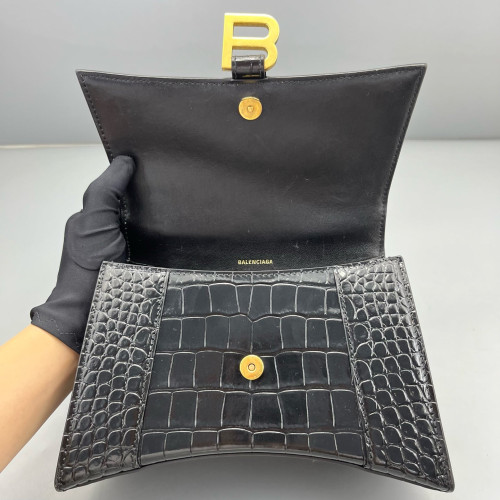 Balenciaga Hourglass Top Handle Small Calfskin Crocodile Embossed Black