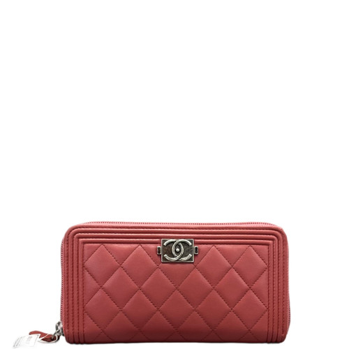 Chanel Quilted Coco Boy Zip Around Wallet Lambskin Red