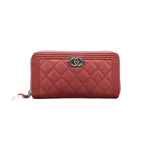 Chanel Quilted Coco Boy Zip Around Wallet Lambskin Red