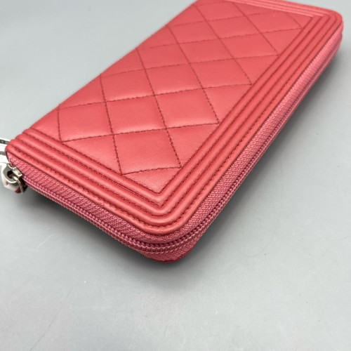 Chanel Quilted Coco Boy Zip Around Wallet Lambskin Red