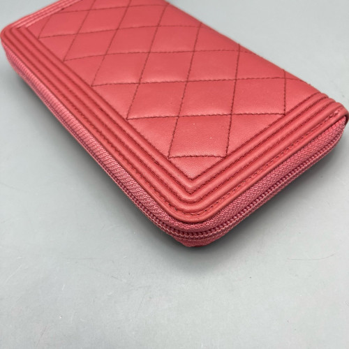 Chanel Quilted Coco Boy Zip Around Wallet Lambskin Red