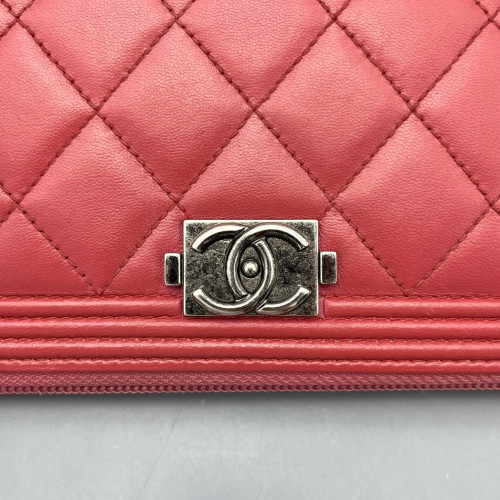 Chanel Quilted Coco Boy Zip Around Wallet Lambskin Red