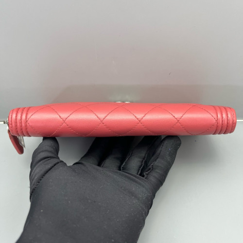 Chanel Quilted Coco Boy Zip Around Wallet Lambskin Red