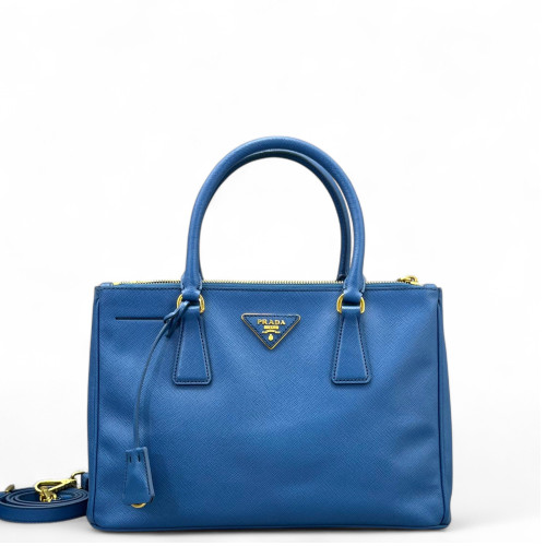Prada Medium Galleria Double Zip Tote Saffiano Calfskin Blue