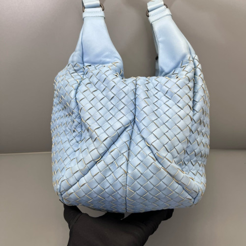Bottega Veneta Medium Campana Hobo Lambskin Intrecciato Nappa Light Blue