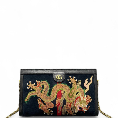 Gucci Embroidered Year Of The Dragon Medium Ophidia Chain Shoulder Bag Suede Black