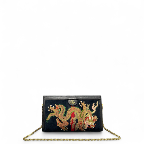 Gucci Embroidered Year Of The Dragon Medium Ophidia Chain Shoulder Bag Suede Black