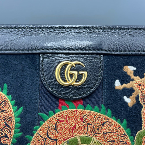 Gucci Embroidered Year Of The Dragon Medium Ophidia Chain Shoulder Bag Suede Black