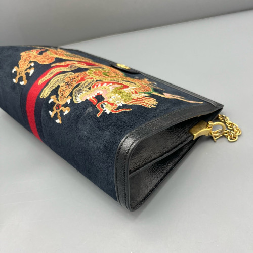 Gucci Embroidered Year Of The Dragon Medium Ophidia Chain Shoulder Bag Suede Black