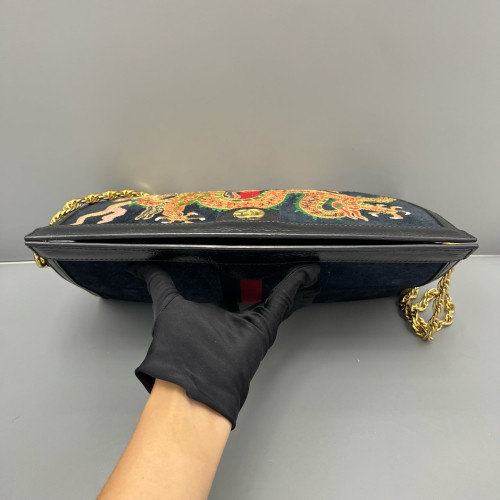 Gucci Embroidered Year Of The Dragon Medium Ophidia Chain Shoulder Bag Suede Black