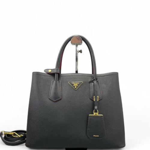 Prada Large Double Bag Saffiano Calfskin Black Red
