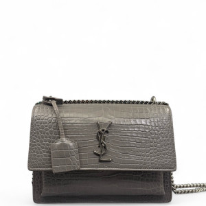 Yves Saint Laurent Medium Sunset Calfskin Crocodile Embossed Grey Yves Saint Laurent Medium Sunset Calfskin Crocodile Embossed Grey