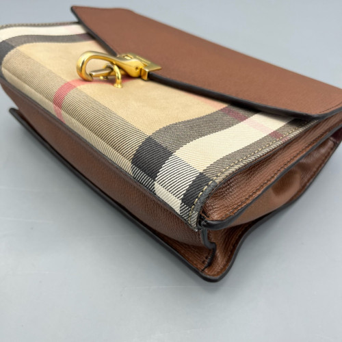 Burberry Small Macken Crossbody Bag Calfskin House Check Tan Beige Khaki