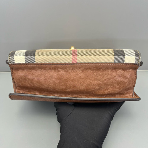 Burberry Small Macken Crossbody Bag Calfskin House Check Tan Beige Khaki