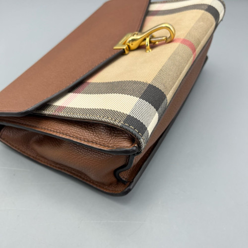 Burberry Small Macken Crossbody Bag Calfskin House Check Tan Beige Khaki