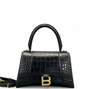 Balenciaga Hourglass Top Handle Small Calfskin Crocodile Embossed Black