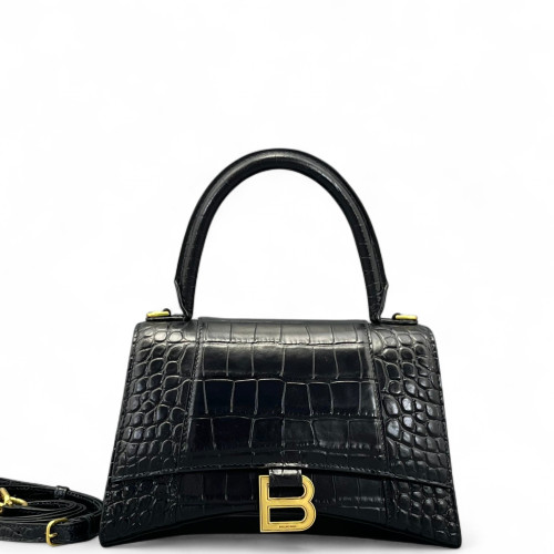Balenciaga Hourglass Top Handle Small Calfskin Crocodile Embossed Black