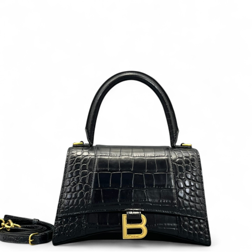 Balenciaga Hourglass Top Handle Small Calfskin Crocodile Embossed Black