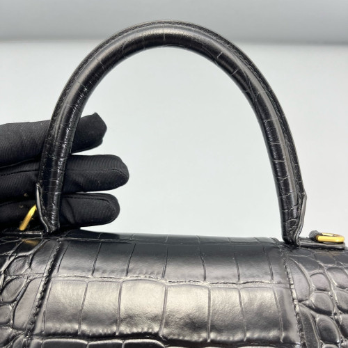 Balenciaga Hourglass Top Handle Small Calfskin Crocodile Embossed Black