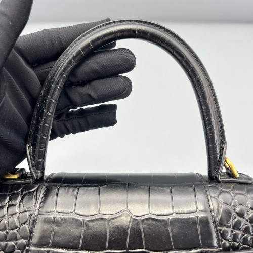 Balenciaga Hourglass Top Handle Small Calfskin Crocodile Embossed Black