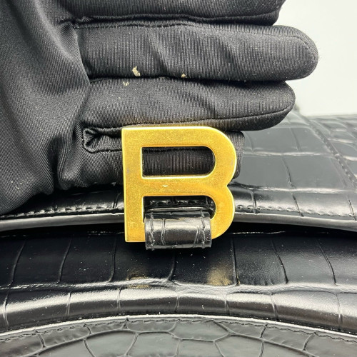 Balenciaga Hourglass Top Handle Small Calfskin Crocodile Embossed Black
