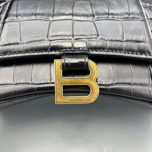 Balenciaga Hourglass Top Handle Small Calfskin Crocodile Embossed Black