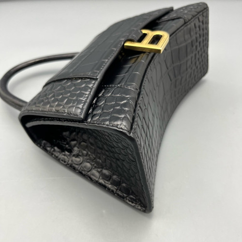 Balenciaga Hourglass Top Handle Small Calfskin Crocodile Embossed Black