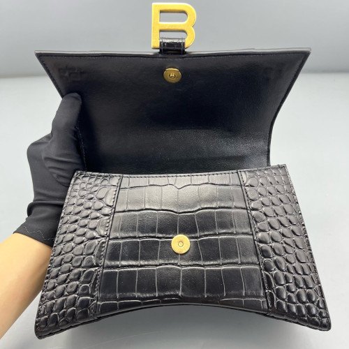 Balenciaga Hourglass Top Handle Small Calfskin Crocodile Embossed Black