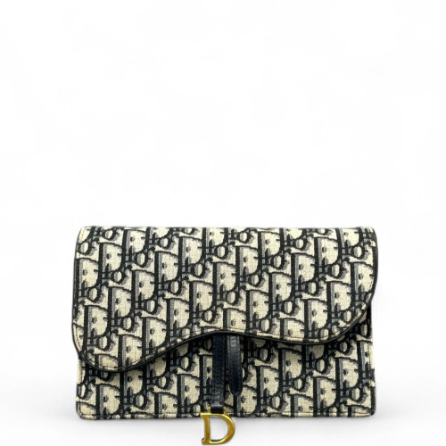 Dior Medium Saddle Chain Pouch Oblique Navy Beige Black