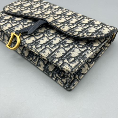 Dior Medium Saddle Chain Pouch Oblique Navy Beige Black