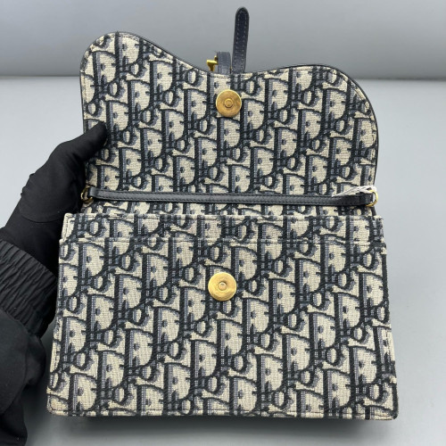 Dior Medium Saddle Chain Pouch Oblique Navy Beige Black