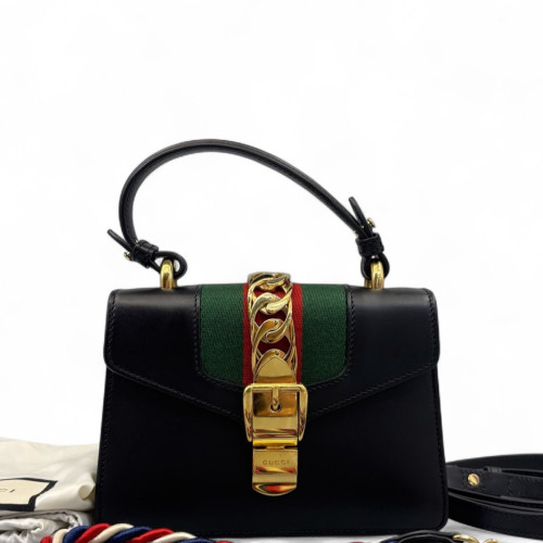 Gucci Mini Sylvie Top Handle Calfskin Black Green Red