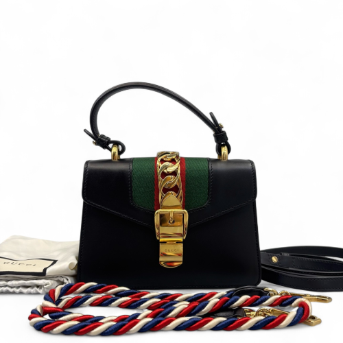 Gucci Mini Sylvie Top Handle Calfskin Black Green Red
