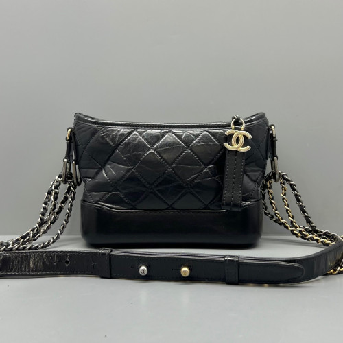 Chanel Quilted Small Gabrielle Hobo Crumpled Calfskin Black