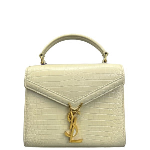 Yves Saint Laurent Cassandra Top Handle Shoulder Bag Calfskin Crocodile Embossed Beige