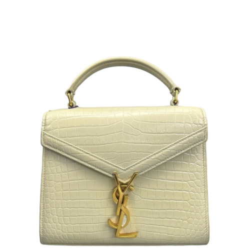 Yves Saint Laurent Cassandra Top Handle Shoulder Bag Calfskin Crocodile Embossed Beige