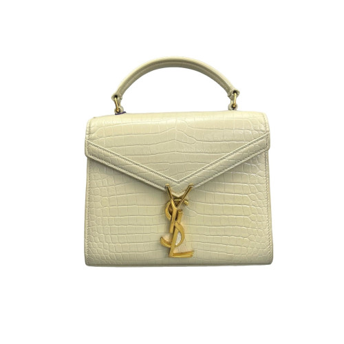 Yves Saint Laurent Cassandra Top Handle Shoulder Bag Calfskin Crocodile Embossed Beige