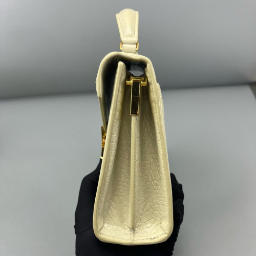 Yves Saint Laurent Cassandra Top Handle Shoulder Bag Calfskin Crocodile Embossed Beige