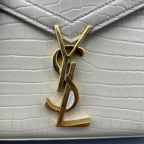 Yves Saint Laurent Cassandra Top Handle Shoulder Bag Calfskin Crocodile Embossed Beige