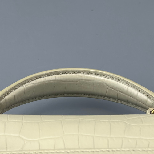 Yves Saint Laurent Cassandra Top Handle Shoulder Bag Calfskin Crocodile Embossed Beige