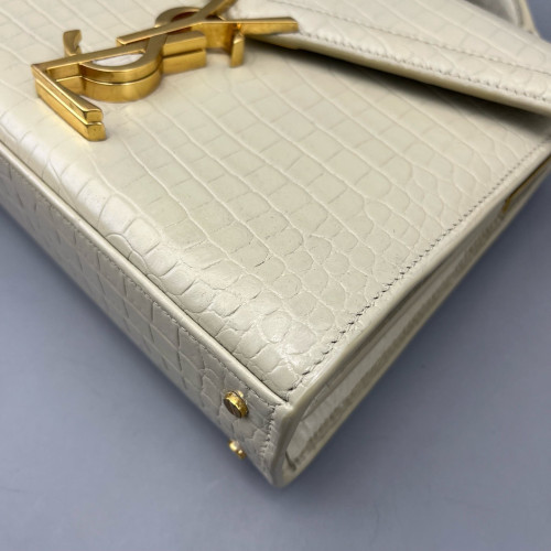 Yves Saint Laurent Cassandra Top Handle Shoulder Bag Calfskin Crocodile Embossed Beige