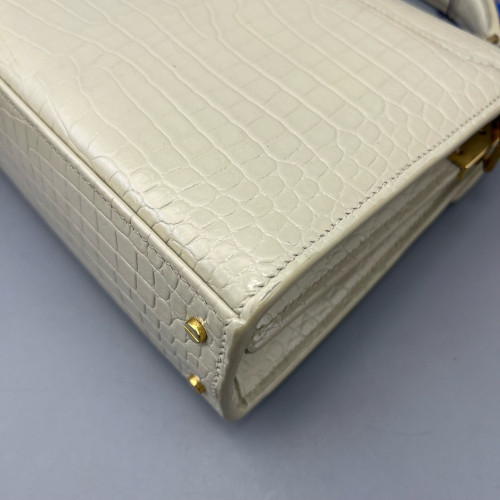 Yves Saint Laurent Cassandra Top Handle Shoulder Bag Calfskin Crocodile Embossed Beige