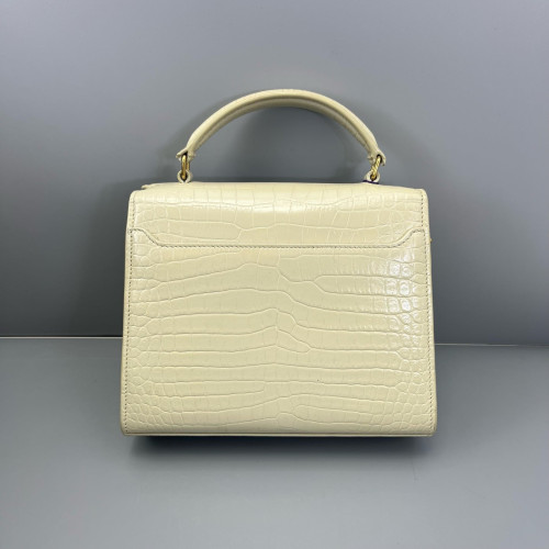 Yves Saint Laurent Cassandra Top Handle Shoulder Bag Calfskin Crocodile Embossed Beige