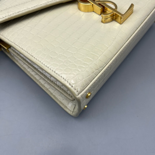 Yves Saint Laurent Cassandra Top Handle Shoulder Bag Calfskin Crocodile Embossed Beige