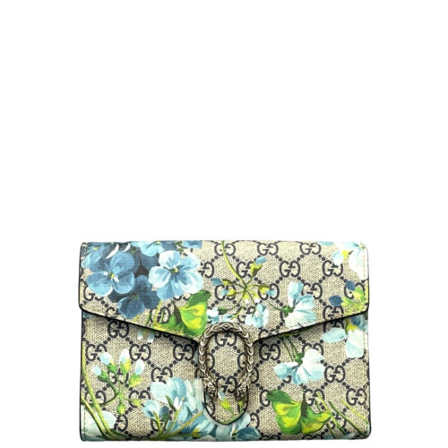 Gucci Mini Dionysus Chain Wallet GG Supreme Monogram Blooms Beige Blue Green
