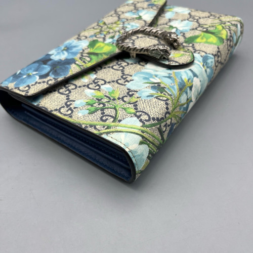 Gucci Mini Dionysus Chain Wallet GG Supreme Monogram Blooms Beige Blue Green