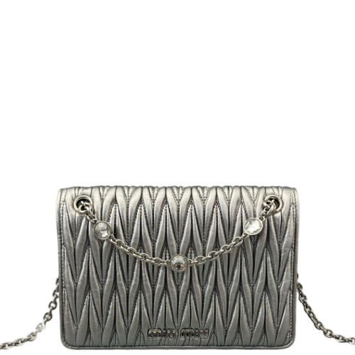 Miu Miu Wallet On Chain WOC Crumpled Lambskin Silver