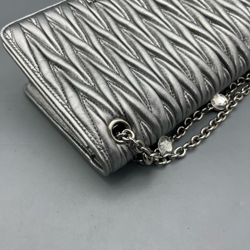 Miu Miu Wallet On Chain WOC Crumpled Lambskin Silver