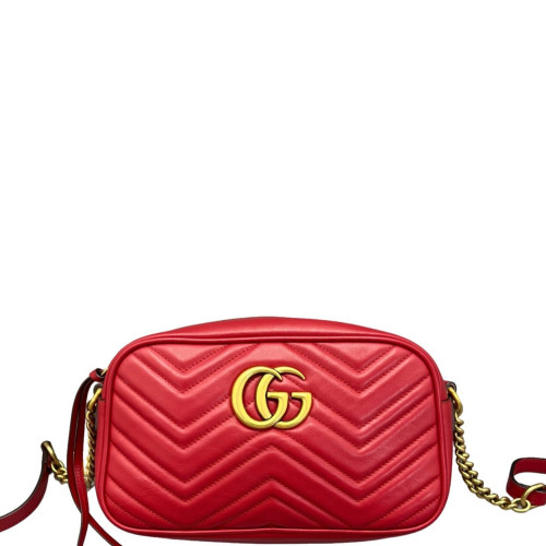 Gucci Matelasse Small GG Marmont Chain Shoulder Bag Calfskin Red