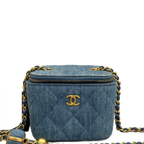 Chanel Quilted Pearl Crush Mini Vanity Case Denim Blue